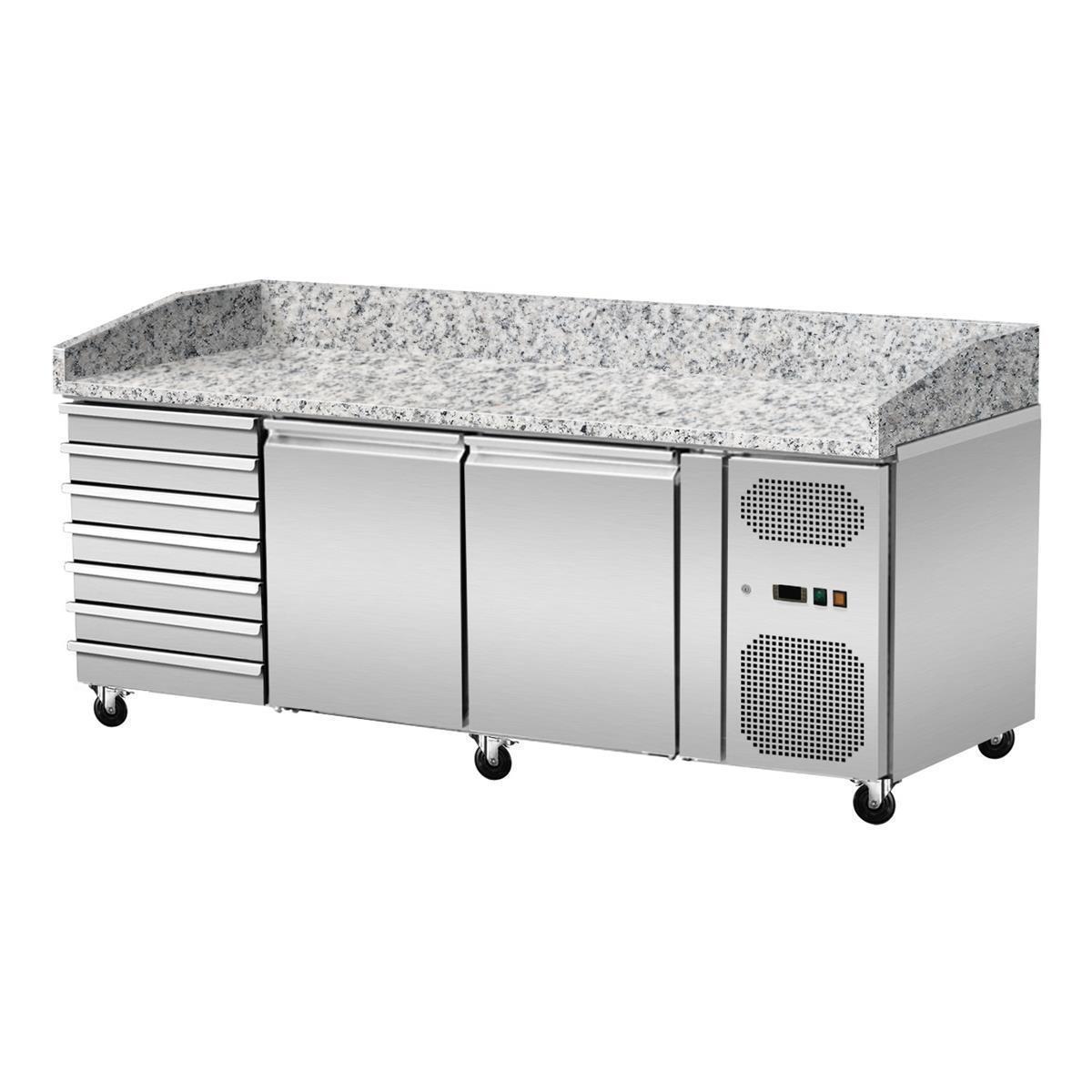 Gastro Pizzakühltisch 202cm mit 2 Türen und 7 Schubladen